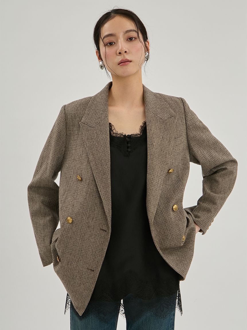 Mila Owen「金釦ダブルブレストチェックロングブレザー」|テーラードジャケット|