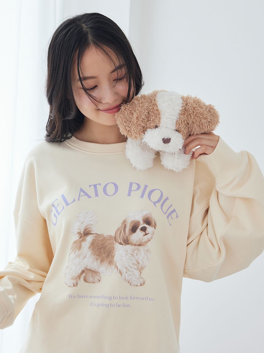 gelato pique「【ラッピング済み】【UVカット】お散歩ドッグワンポイント裏毛プルオーバー&総柄ロングパンツSET」|ルームウェア|