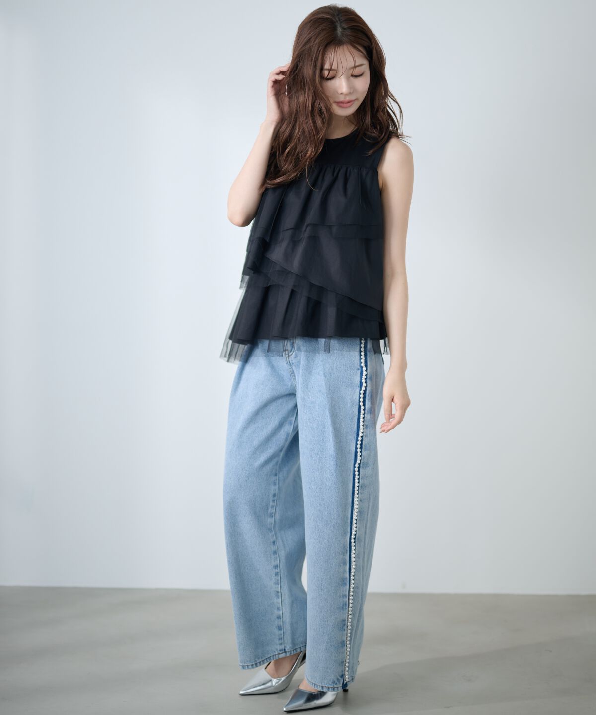 アンドクチュール「パールサイドラインデニムパンツ」|デニム|