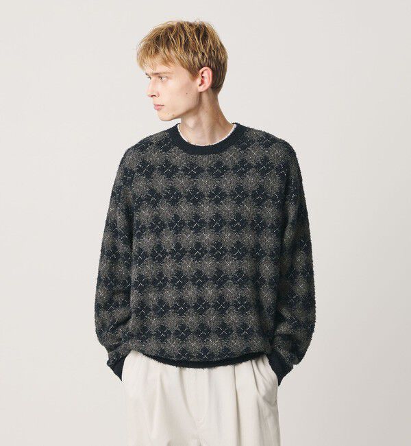 BEAUTY&YOUTH UNITED ARROWS「カールヤーン ブラー パターン クルーネック ニット」|ニット・セーター|NAVY