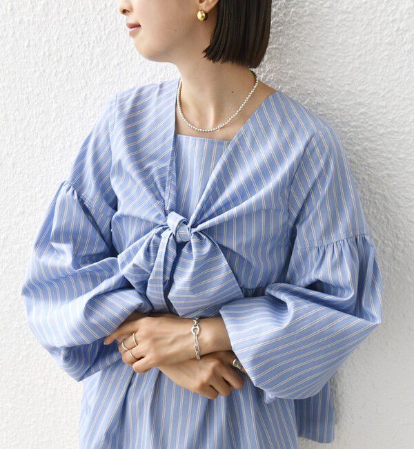SHIPS for women「【WEB限定】〈手洗い可能〉前後 2WAY リボン デザイン ストライプ ブラウス」|シャツ・ブラウス|