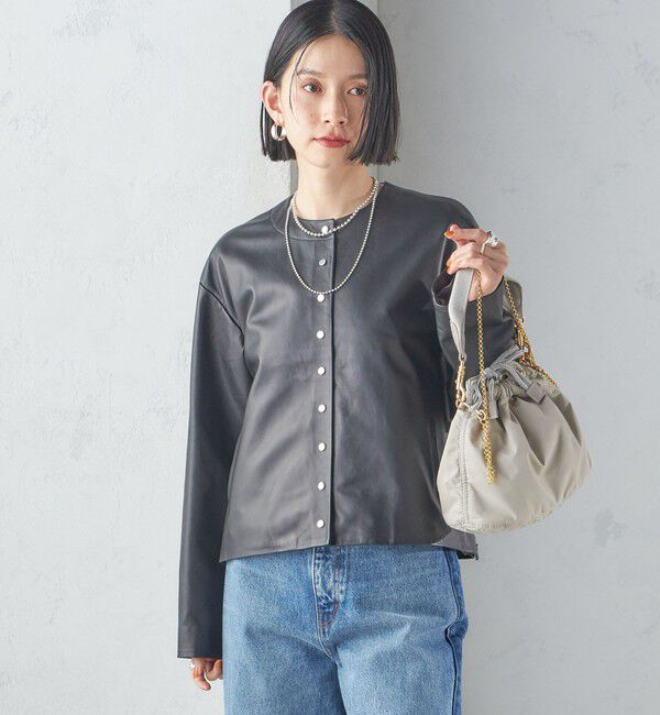 SHIPS for women「SHEEP レザー ノーカラー ブルゾン」|ノーカラージャケット|