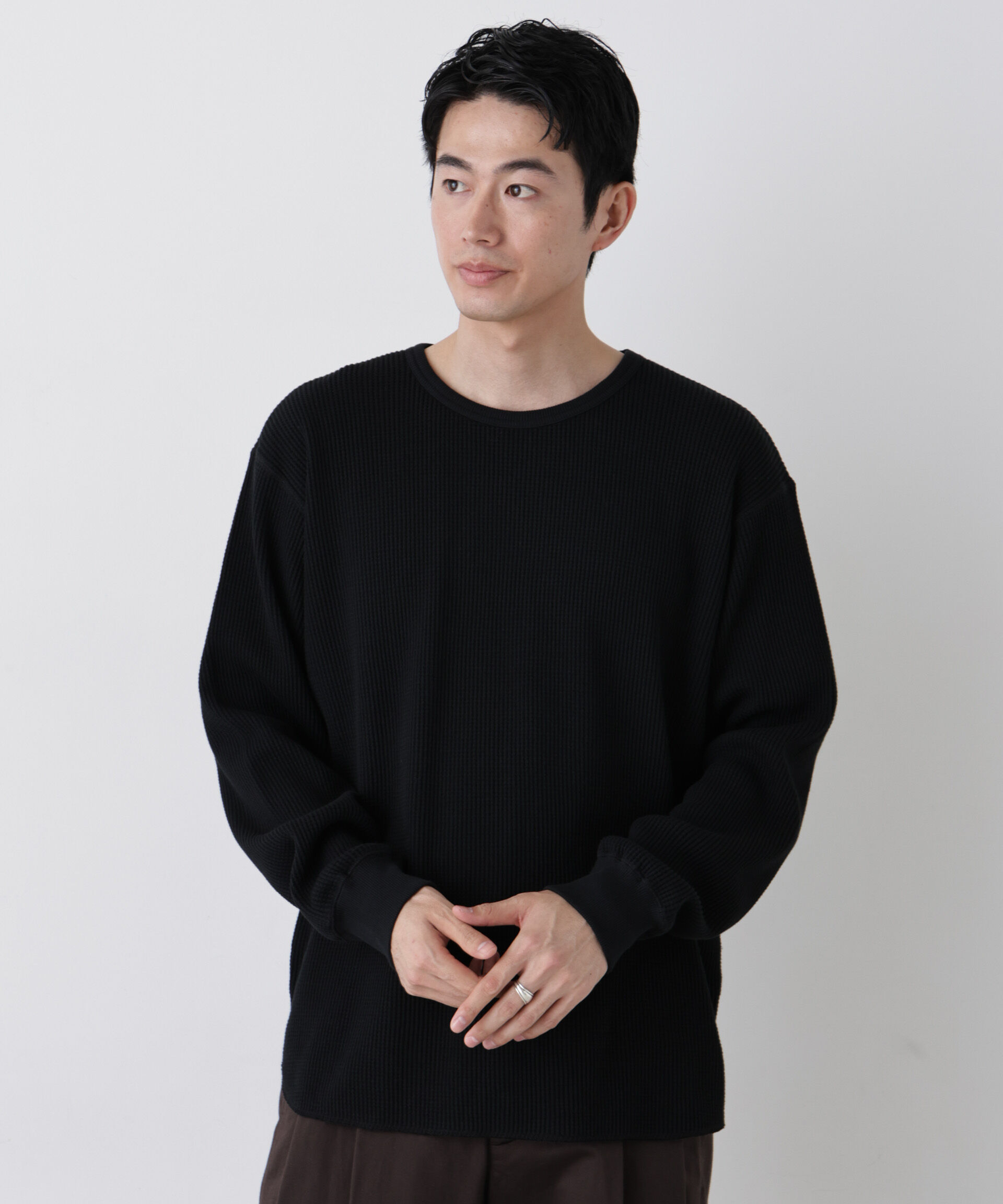 NANO universe「ヘヴィーワッフルクルーネックTシャツ 長袖」|Tシャツ・カットソー|ブラック