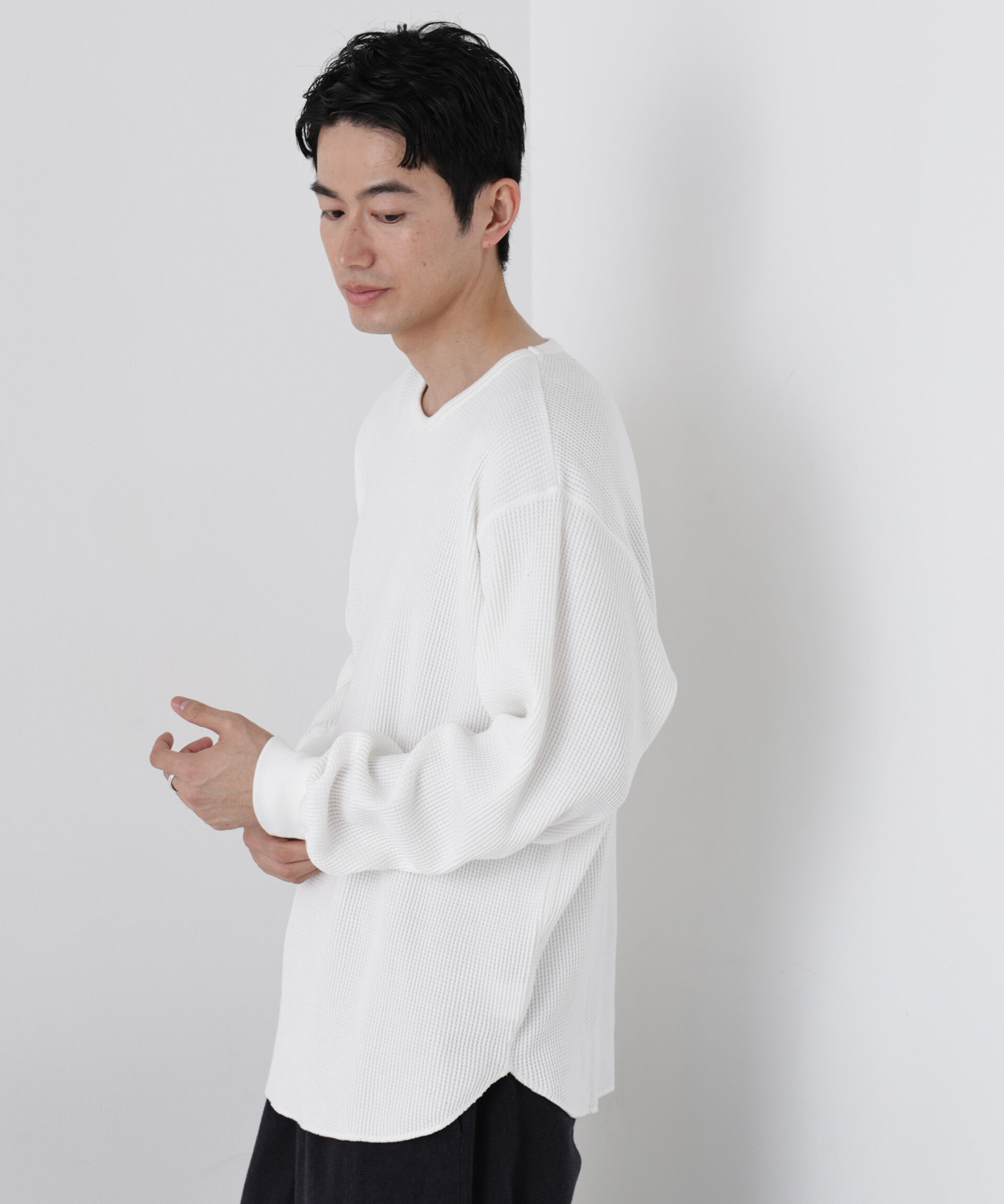NANO universe「ヘヴィーワッフルクルーネックTシャツ 長袖」|Tシャツ・カットソー|ホワイト