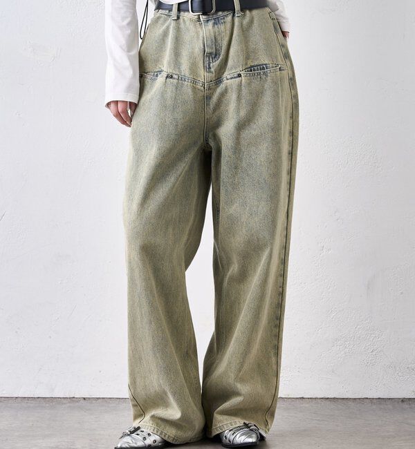  「《UNISEX / サイズ展開あり》スラッシュポケットブラストワイドデニム」|デニム|サンドベージュ