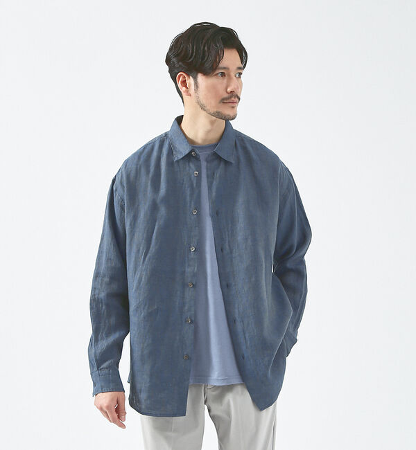 ABAHOUSE「【LUXE Linen Solaro】長袖 リネンシャツ」|シャツ・ブラウス|ネイビー