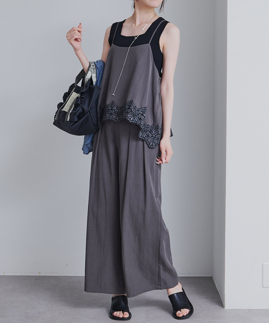  「【SET ITEM】レースヘムキャミソール+スラックスパンツセット」|その他|グレー