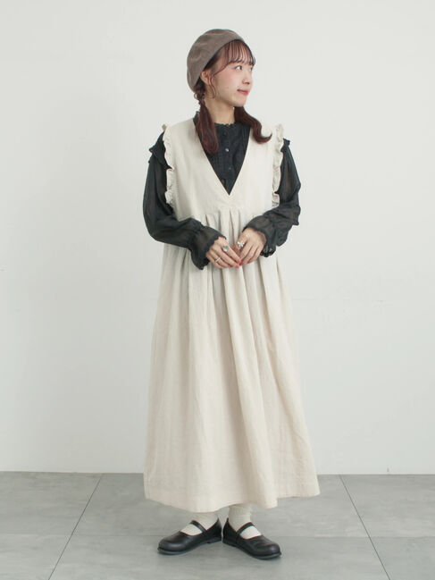 Samansa Mos2「【Cross&times;Linen】肩フリル前後2WAYジャンパースカート」|ワンピース|ベージュ