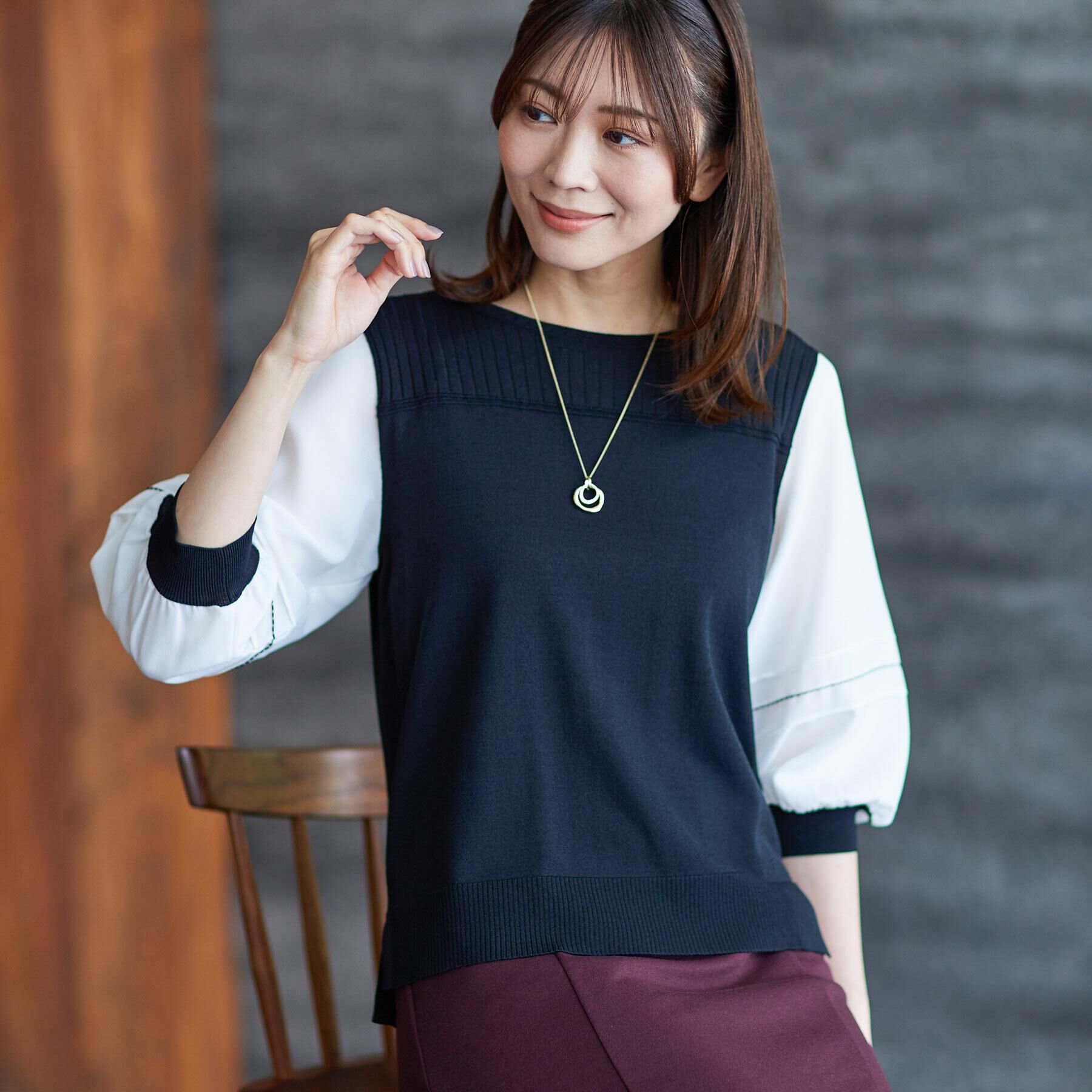 Reflect「【WEB先行カラーあり／手洗い可】ジョーゼットスリーブ&times;ニット」|Tシャツ・カットソー|ブラック(519)
