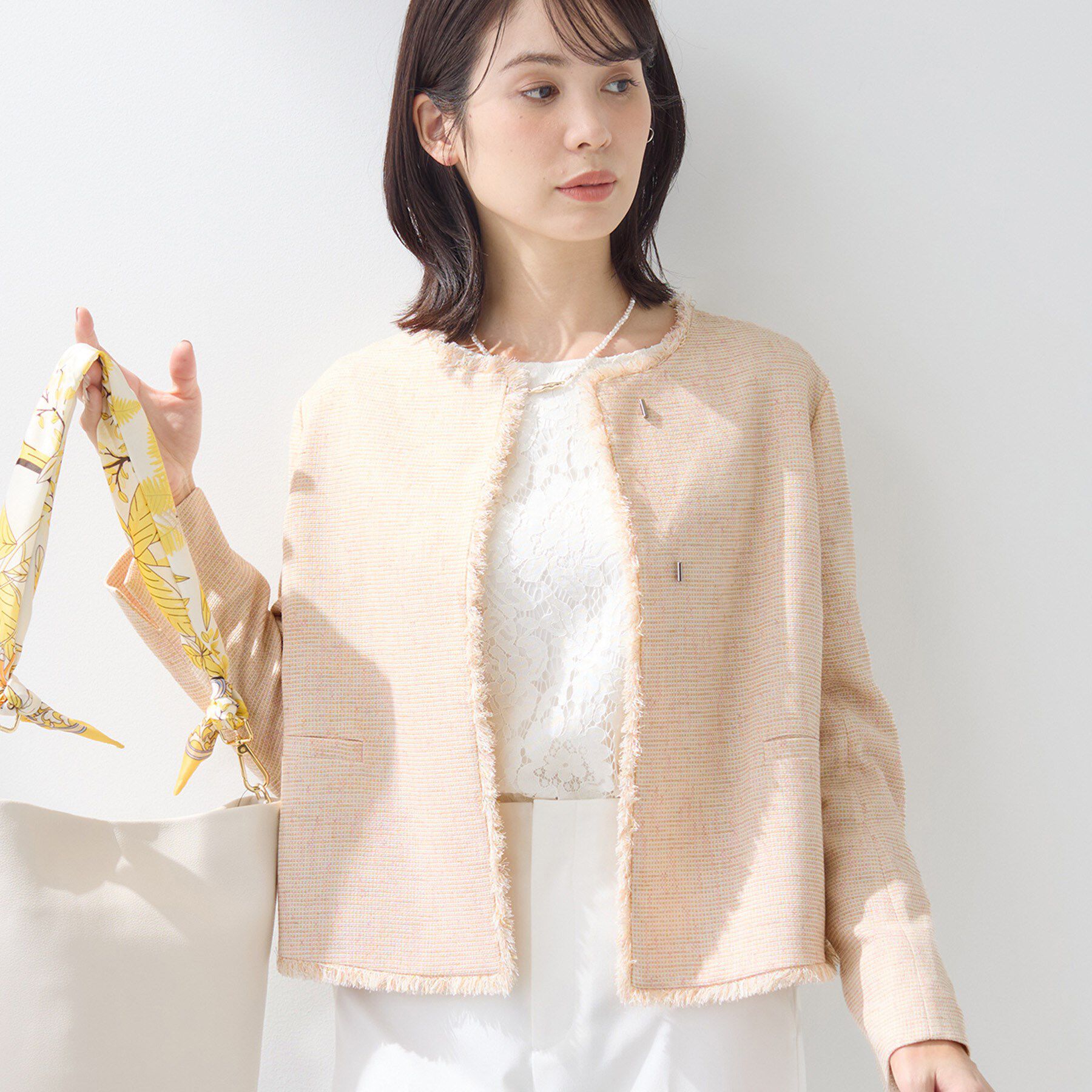 INDIVI「【軽量／SETUP可能】ストレッチツイードジャケット」|ノーカラージャケット|