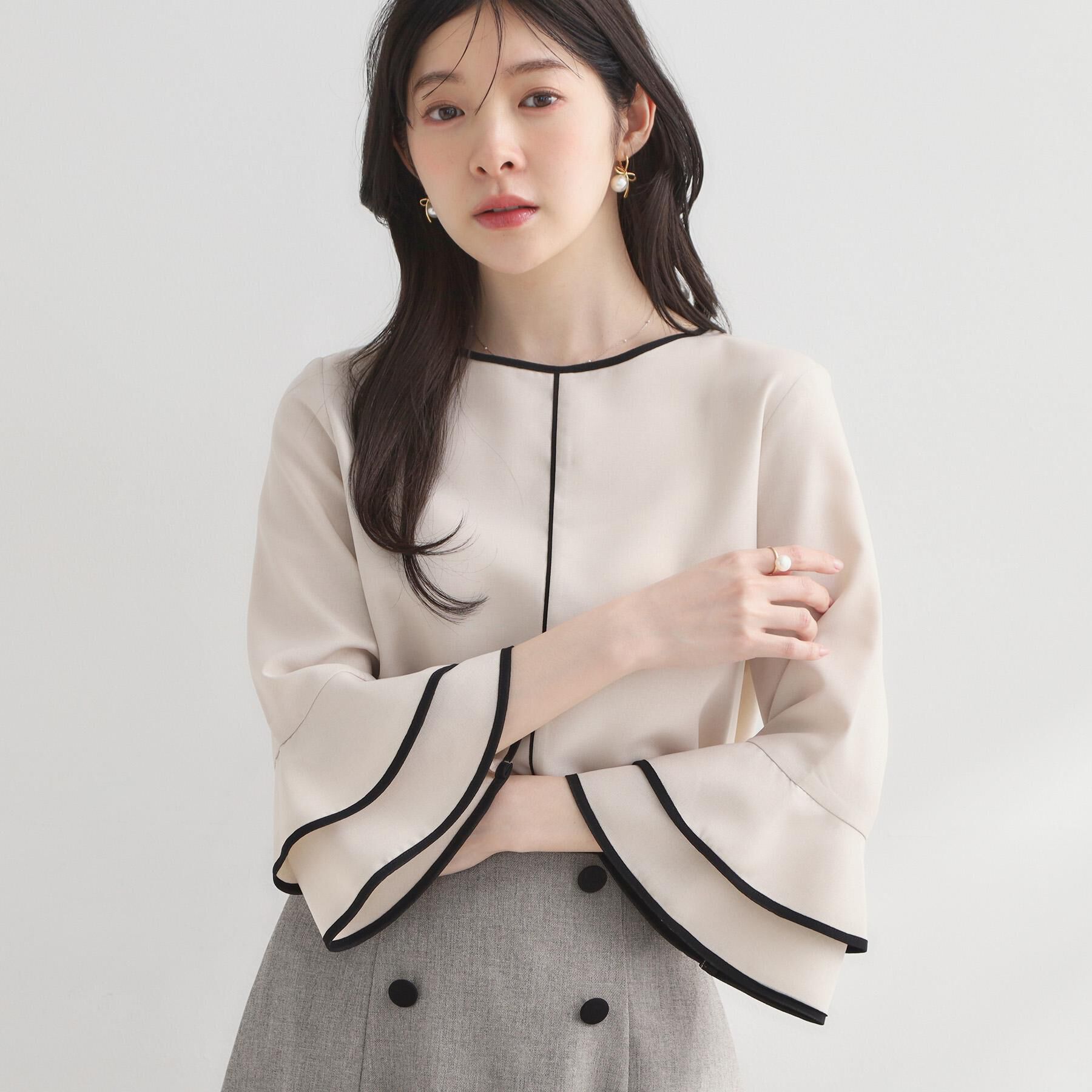 Couture broach「【イージーケア・吸水速乾】配色ラッフルブラウス」|シャツ・ブラウス|