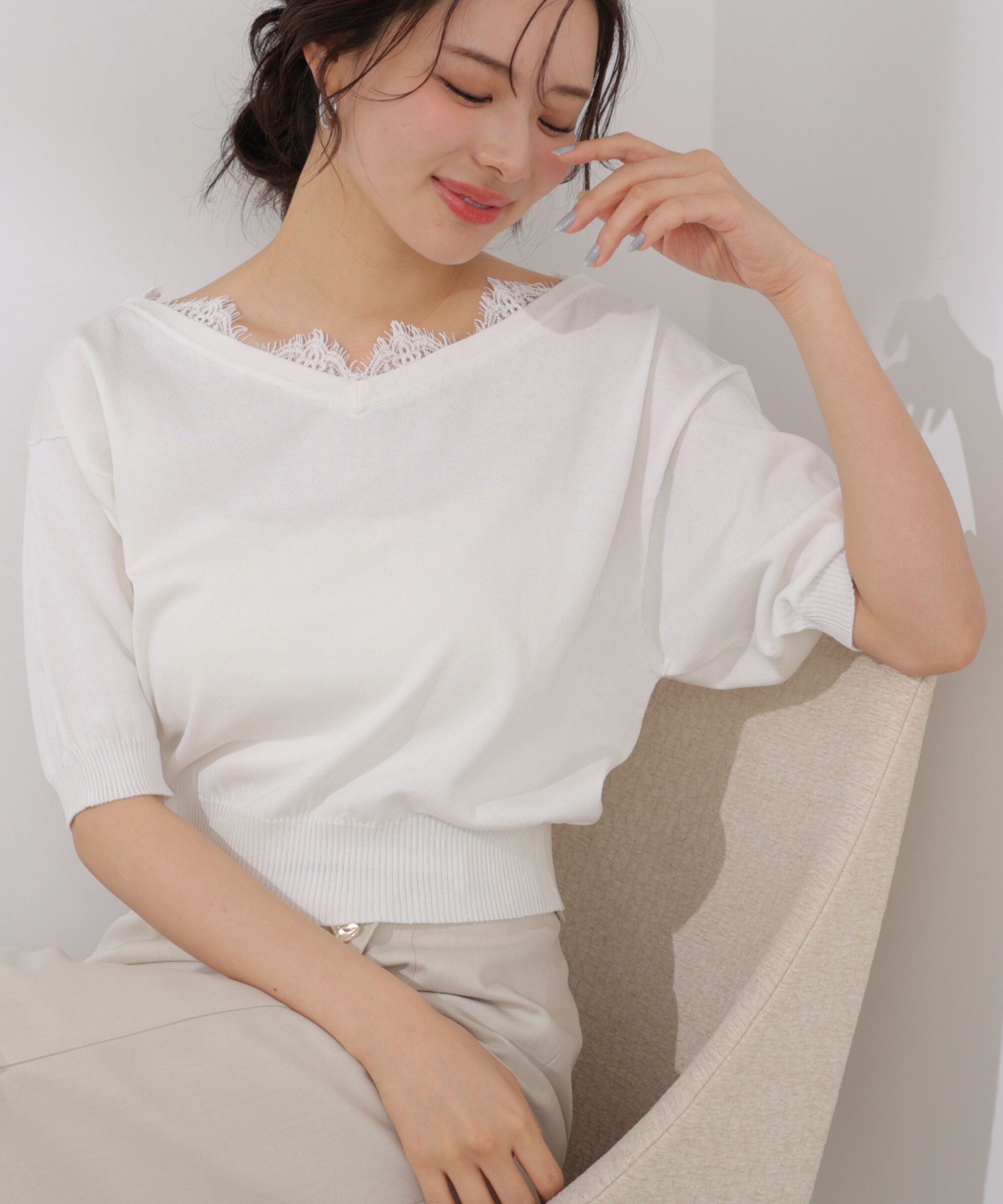 PROPORTION BODY DRESSING「レース付き短丈ニット 26SS」|ニット・セーター|エクリュ1