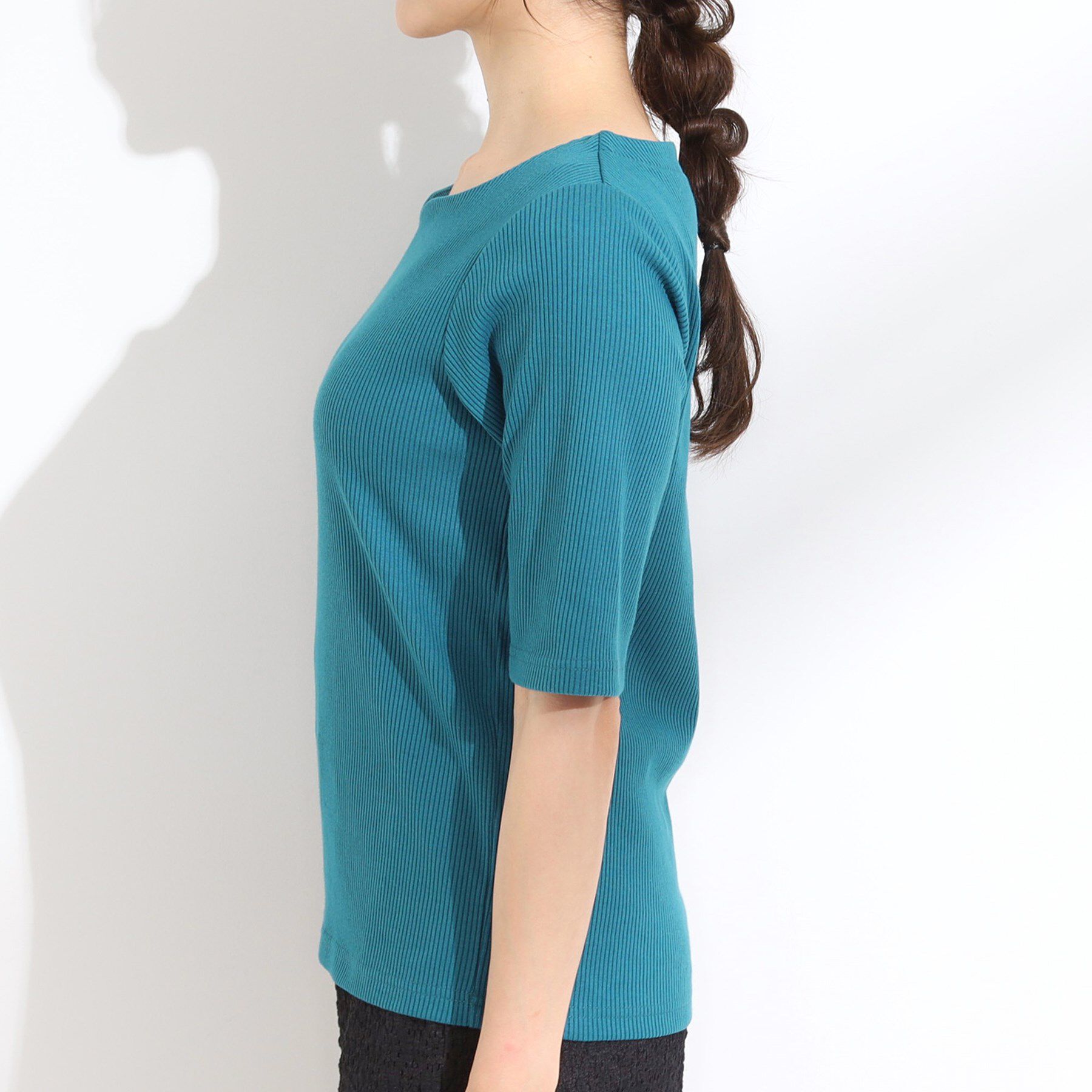 SHOO･LA･RUE「【S-LL】女性らしさ漂うハートネック テレコ5分袖トップス」|Tシャツ・カットソー|