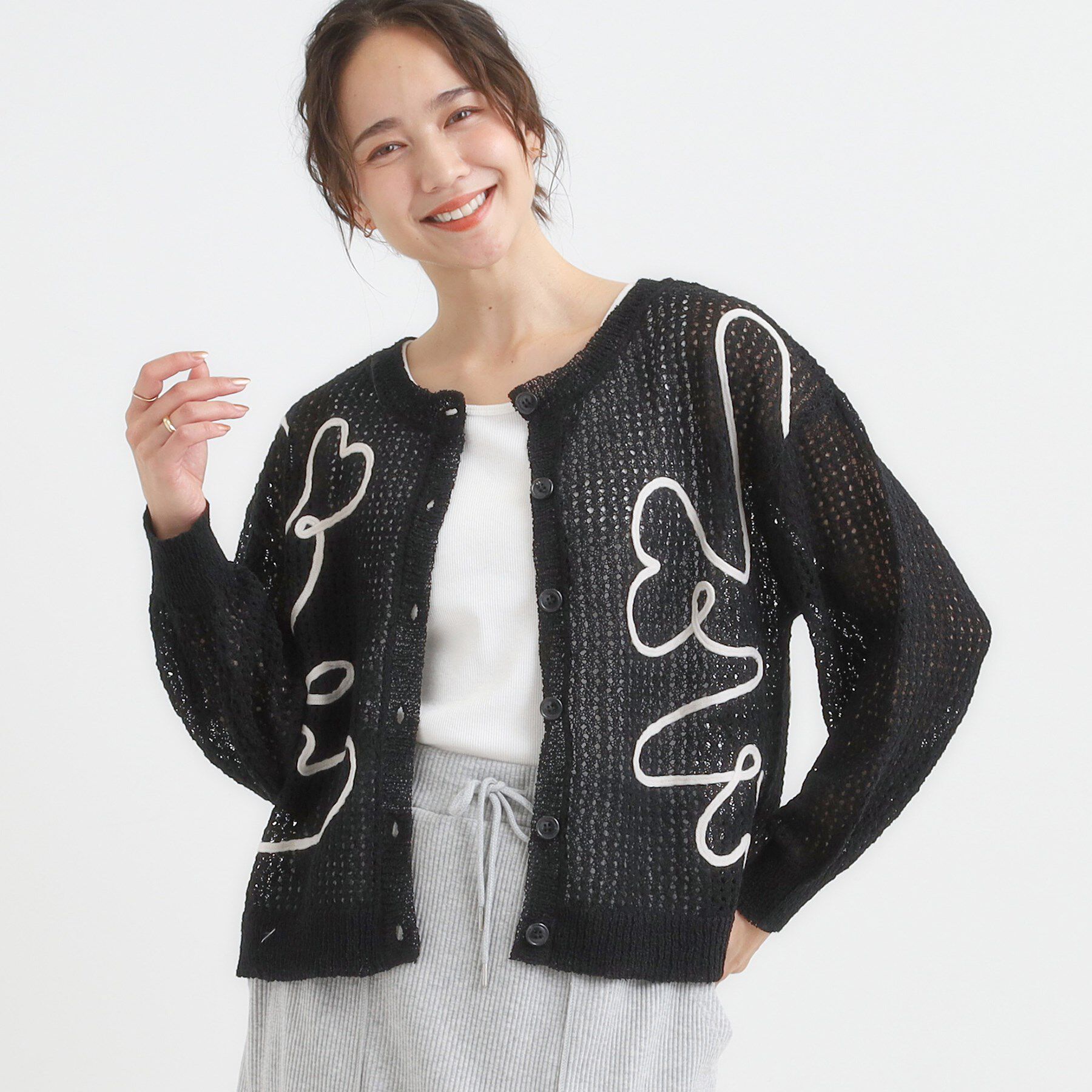 SHOO･LA･RUE「コード刺繍アソートメッシュカーディガン」|カーディガン|ブラック(019)