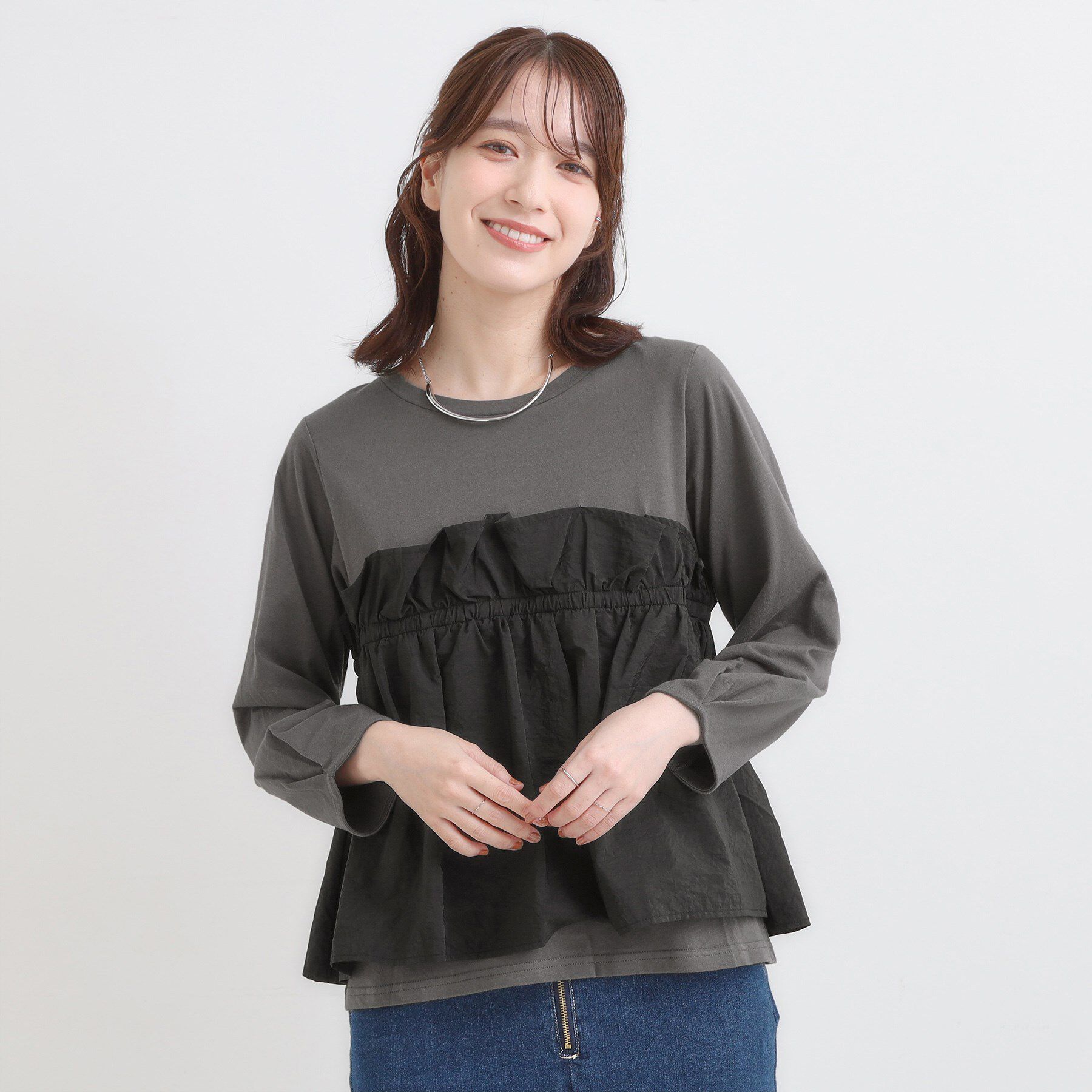 SHOO･LA･RUE「【洗濯機可/S-LL】1枚で華やか フリルドッキングトップス」|Tシャツ・カットソー|