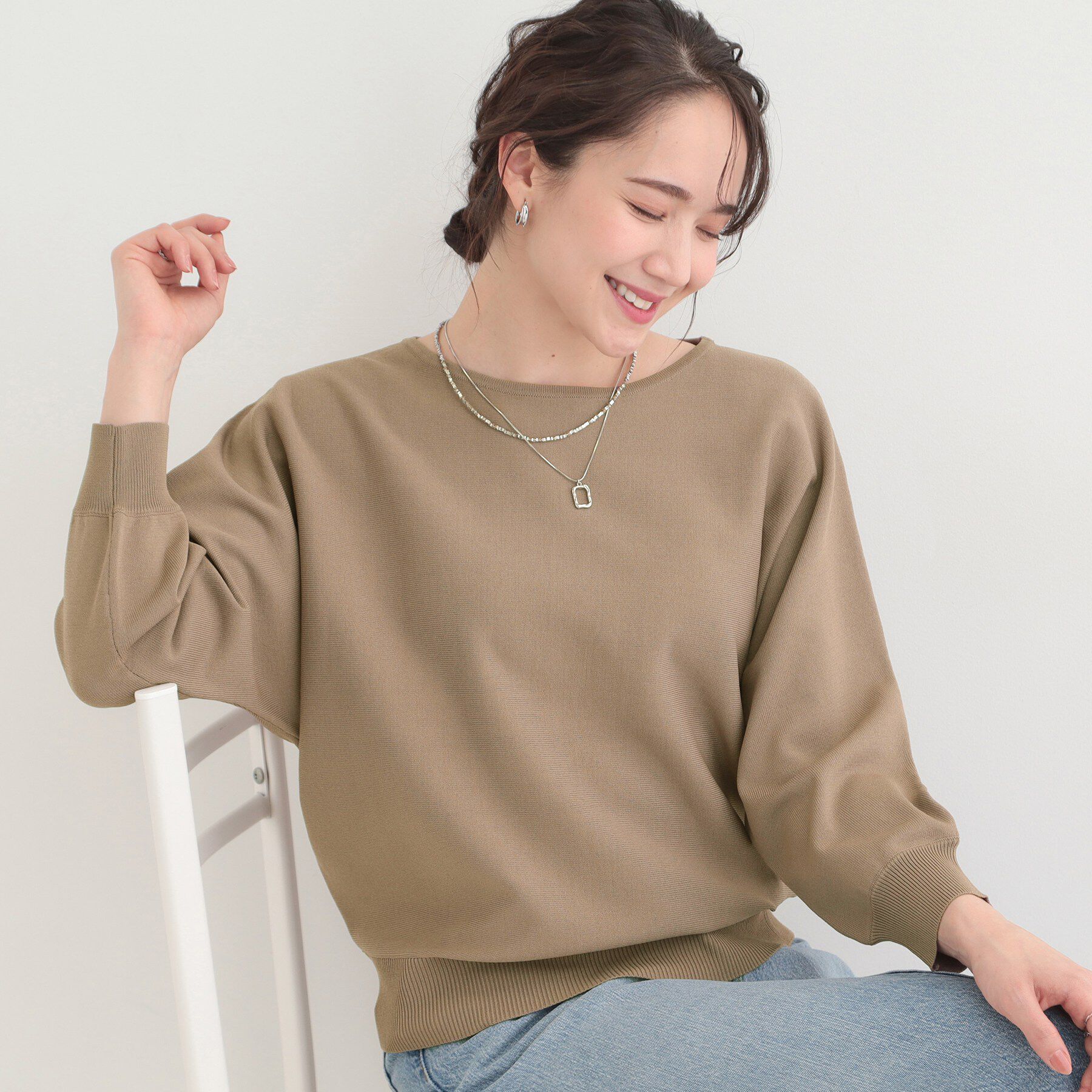 SHOO･LA･RUE「【洗濯機可/S-LL】さらりと軽やか インせず着られる すっきり見えドルマンニット」|ニット・セーター|モカブラウン(042