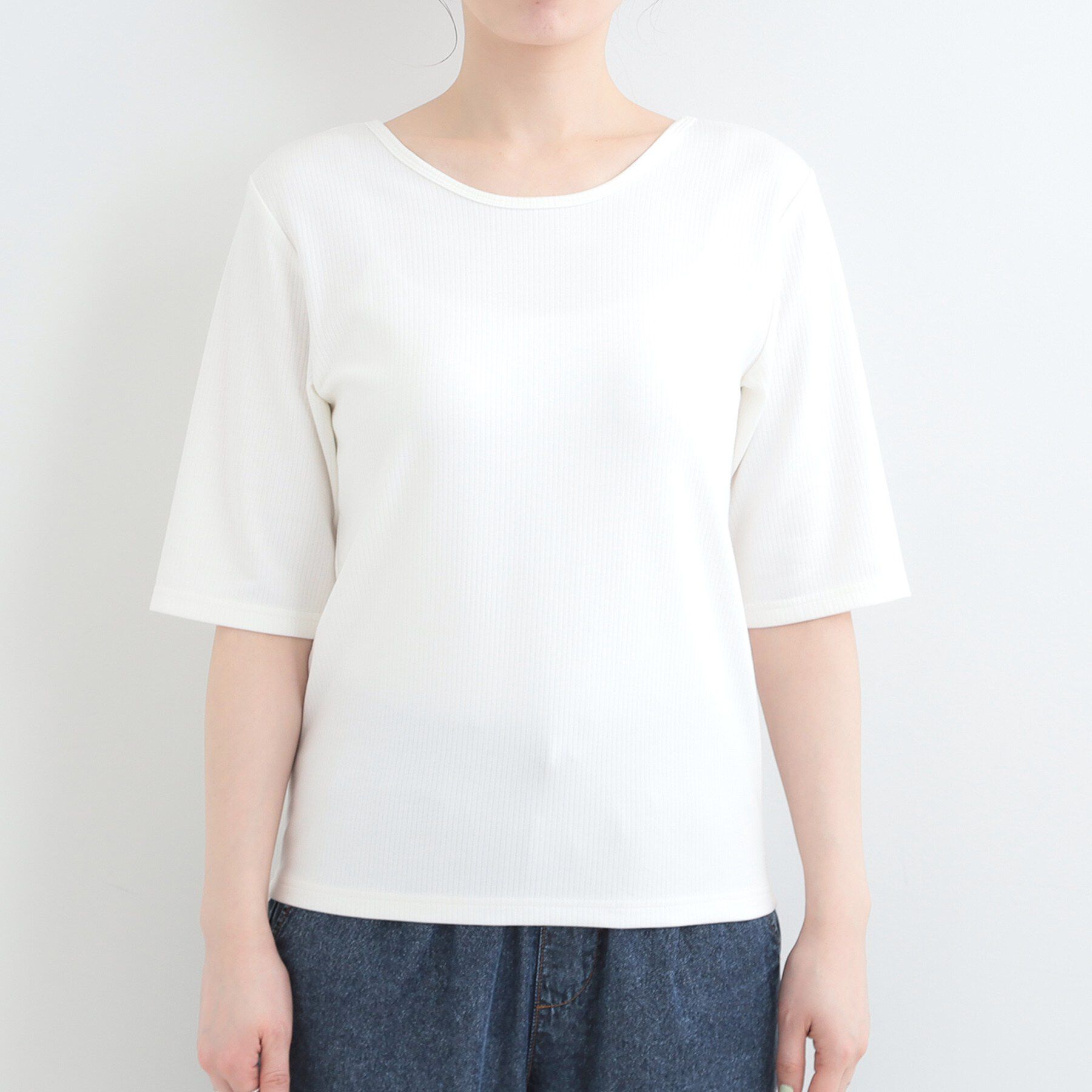 SHOO･LA･RUE「【ネックアソート/洗濯機可】テレコ5分袖トップス」|Tシャツ・カットソー|