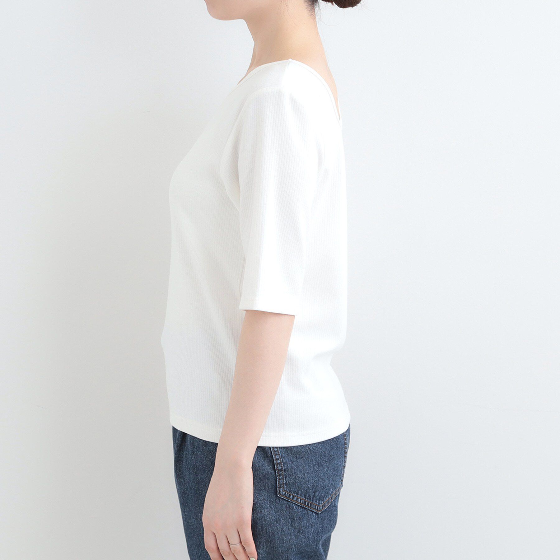 SHOO･LA･RUE「【ネックアソート/洗濯機可】テレコ5分袖トップス」|Tシャツ・カットソー|