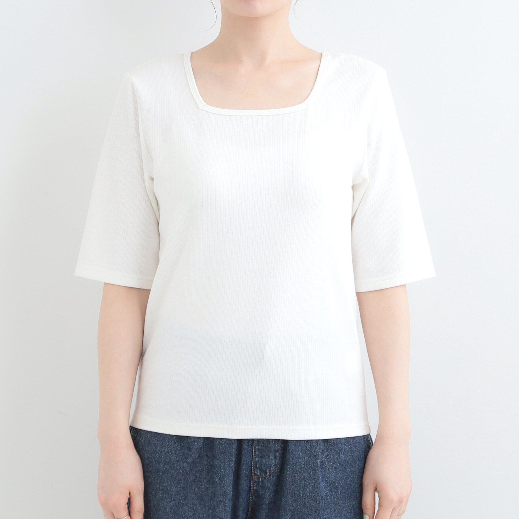 SHOO･LA･RUE「【ネックアソート/洗濯機可】テレコ5分袖トップス」|Tシャツ・カットソー|