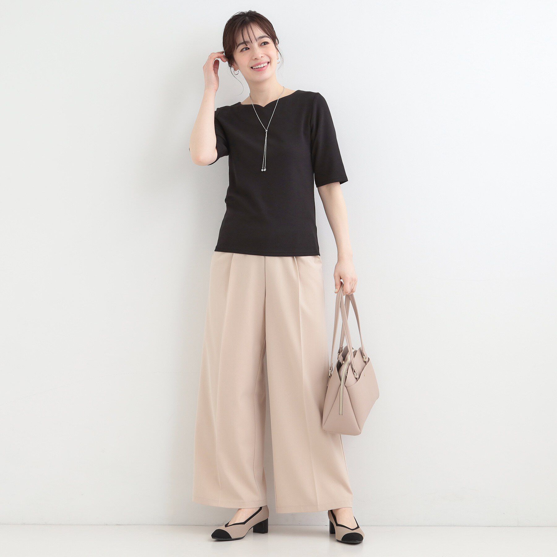 SHOO･LA･RUE「【ネックアソート/洗濯機可】テレコ5分袖トップス」|Tシャツ・カットソー|