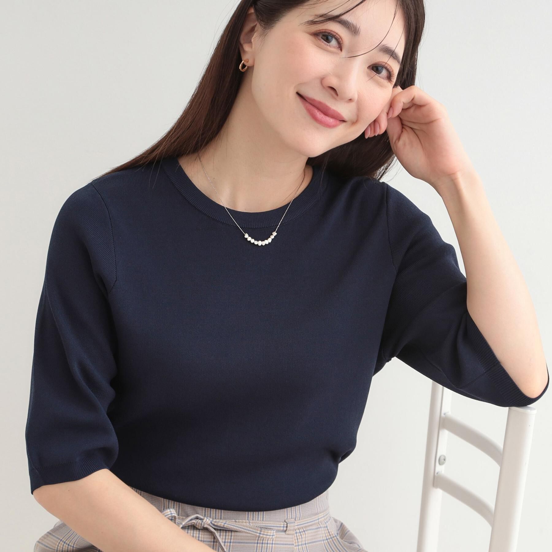 SHOO･LA･RUE「【毎日洗える/S-LL/UV】上半身すっきり 二の腕見せない5分袖ニット」|ニット・セーター|ネイビー(894)