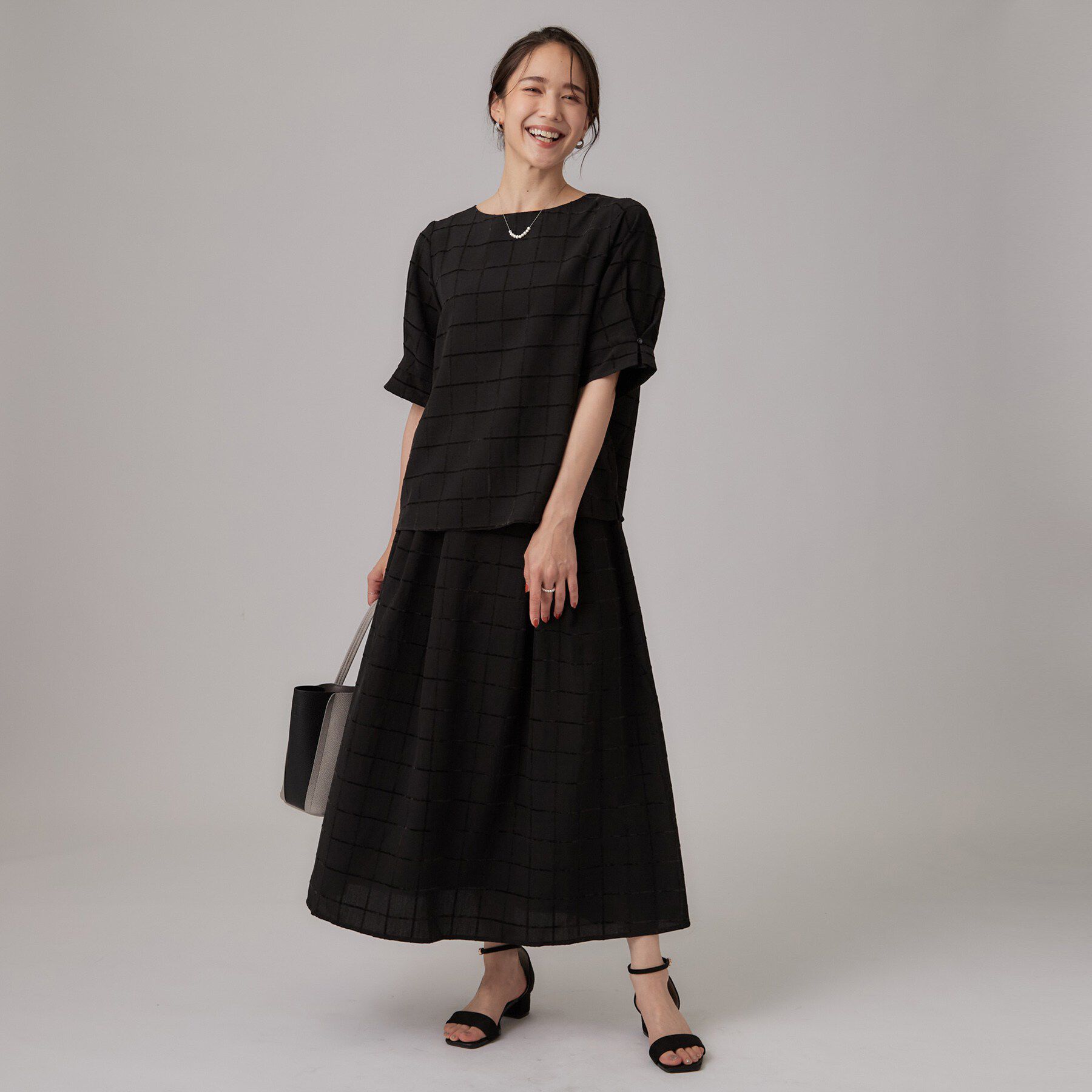 SHOO･LA･RUE「【セットアップ可/S-LL】1枚で秋気分 モールチェックタックスリーブ ブラウス」|シャツ・ブラウス|