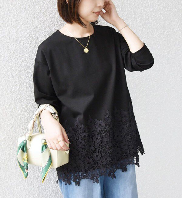SHIPS Colors 「【WEB限定】SHIPS Colors:ポンチ レース コンビ トップス（無地）◆」|Tシャツ・カットソー|ブラック