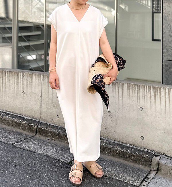 Rie Miller「ウォッシャブル袖口リブマキシ丈ワンピースジョーゼットダンボール」|ワンピース|