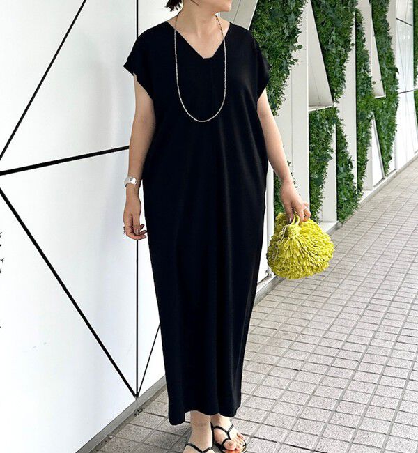 Rie Miller「ウォッシャブル袖口リブマキシ丈ワンピースジョーゼットダンボール」|ワンピース|