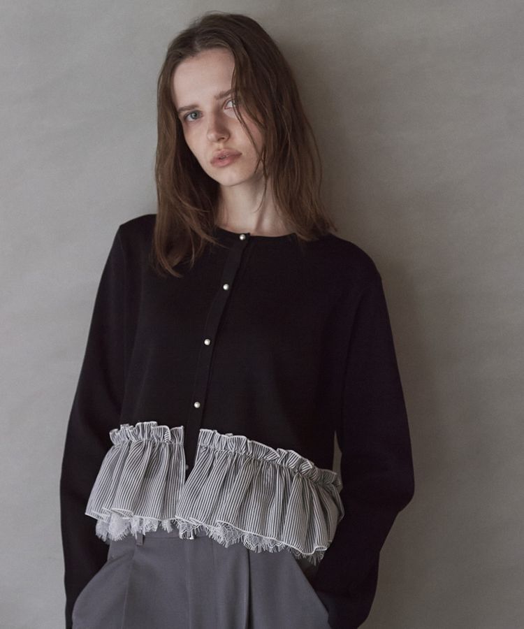 YECCA VECCA「レースレイヤードラッフルカーディガン」|カーディガン|Black