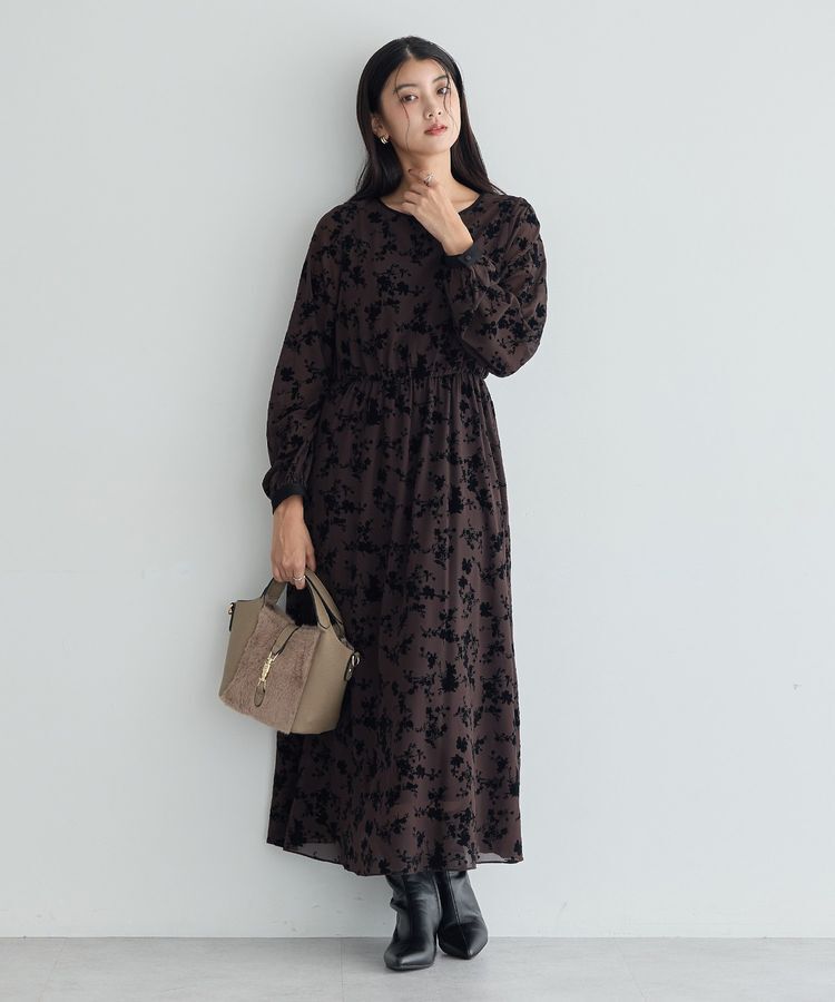 YECCA VECCA「ボタニカル柄フロッキープリントワンピース」|ワンピース|Charcoal Gray