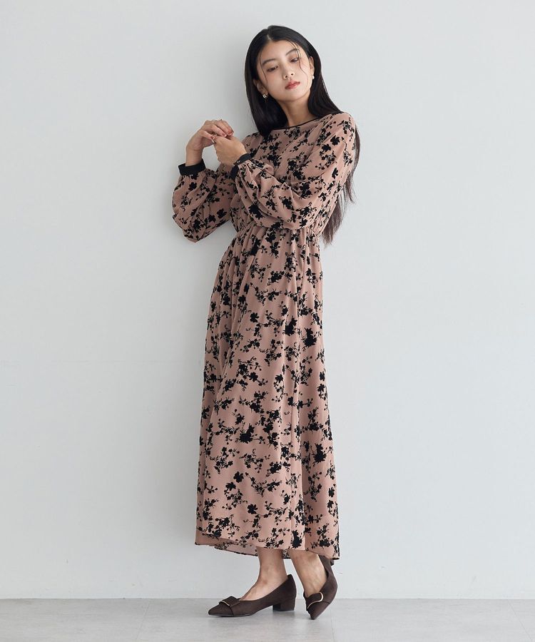 YECCA VECCA「ボタニカル柄フロッキープリントワンピース」|ワンピース|Beige