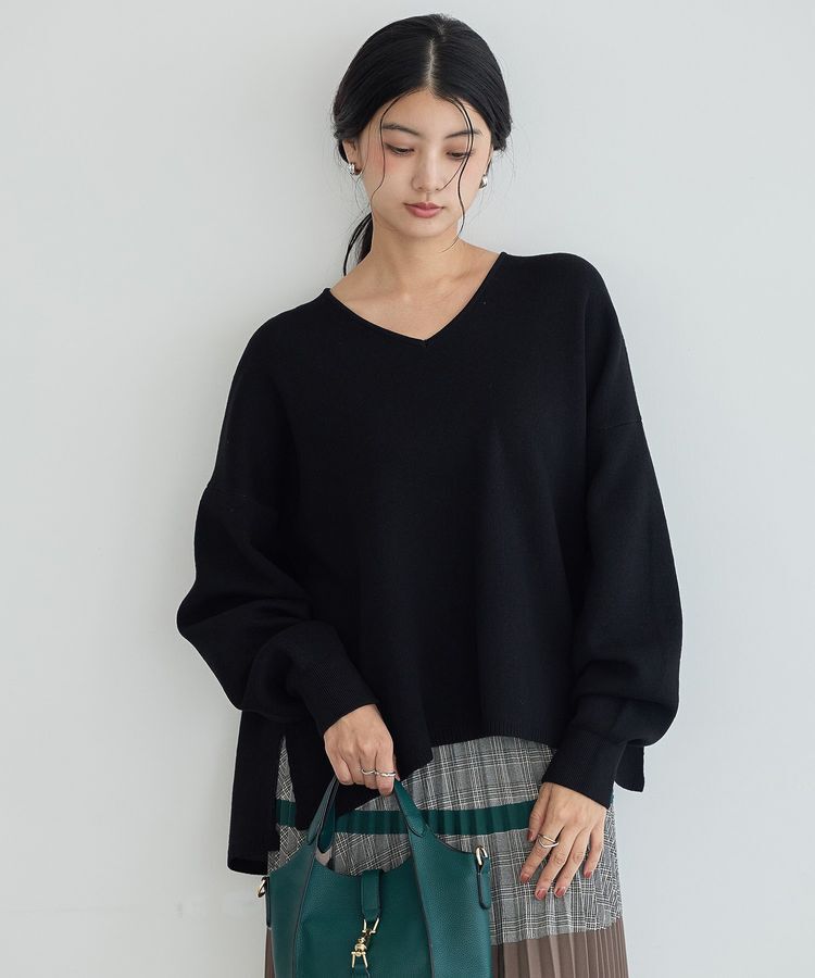 YECCA VECCA「Vネック配色デザインニット」|ニット・セーター|Black