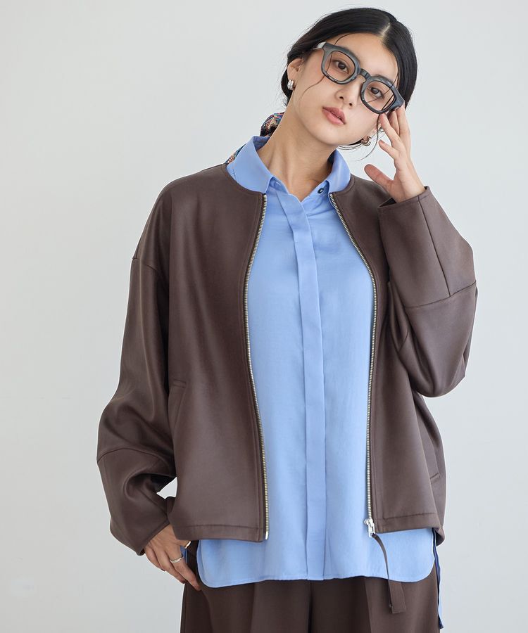 YECCA VECCA「レザーライクノーカラーブルゾン」|ブルゾン・スタジャン|Brown