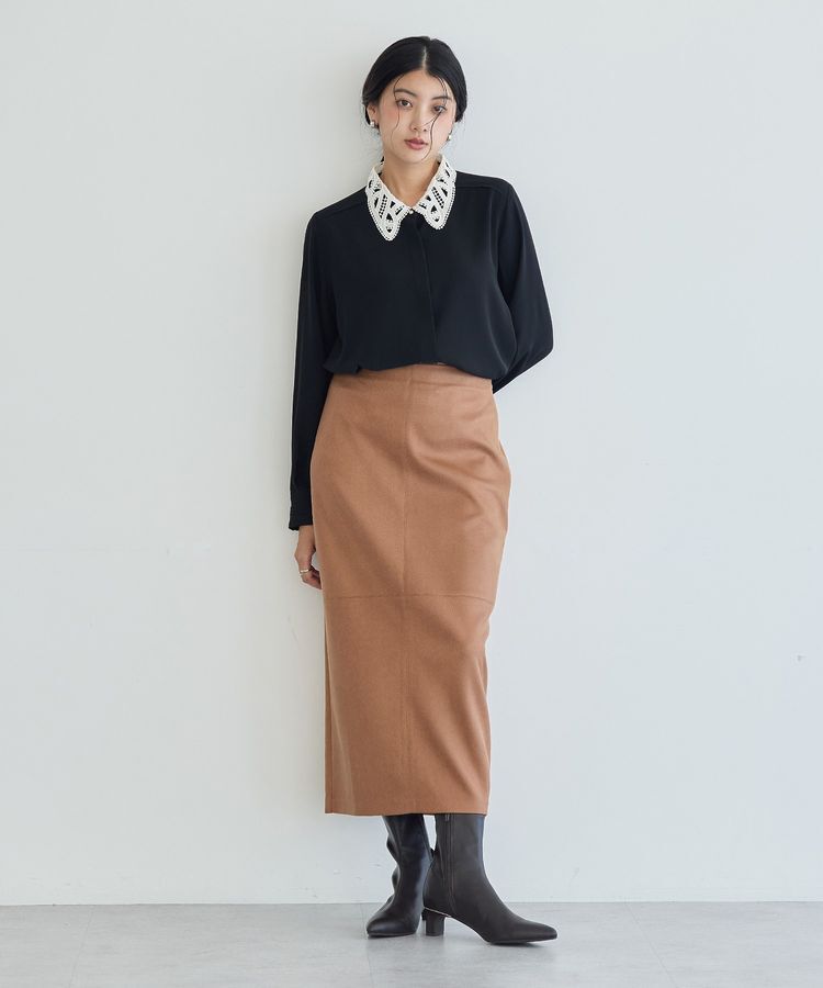 YECCA VECCA「レザーライクナロースカート」|タイト|Camel