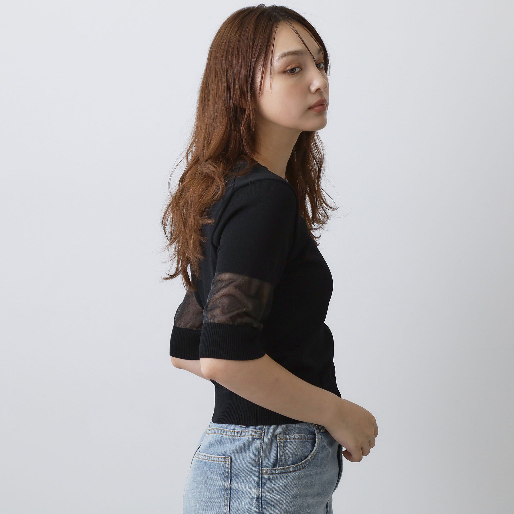 DRESSTERIOR「【日本製/シアー素材】ウォッシャブルニット ハーフスリーブプルオーバー」|ニット・セーター|