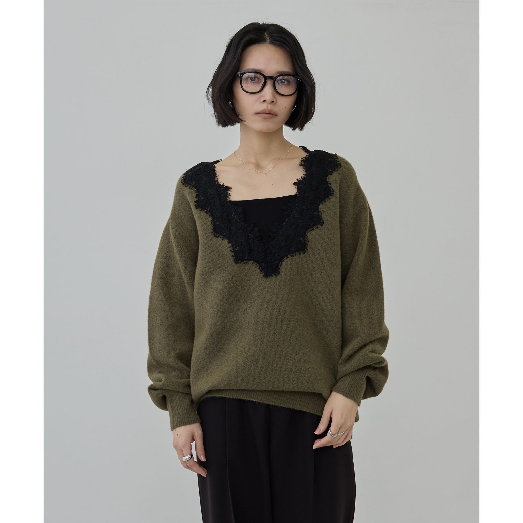 GALLEST「レースドッキング深Vネックニット【洗える】」|ニット・セーター|