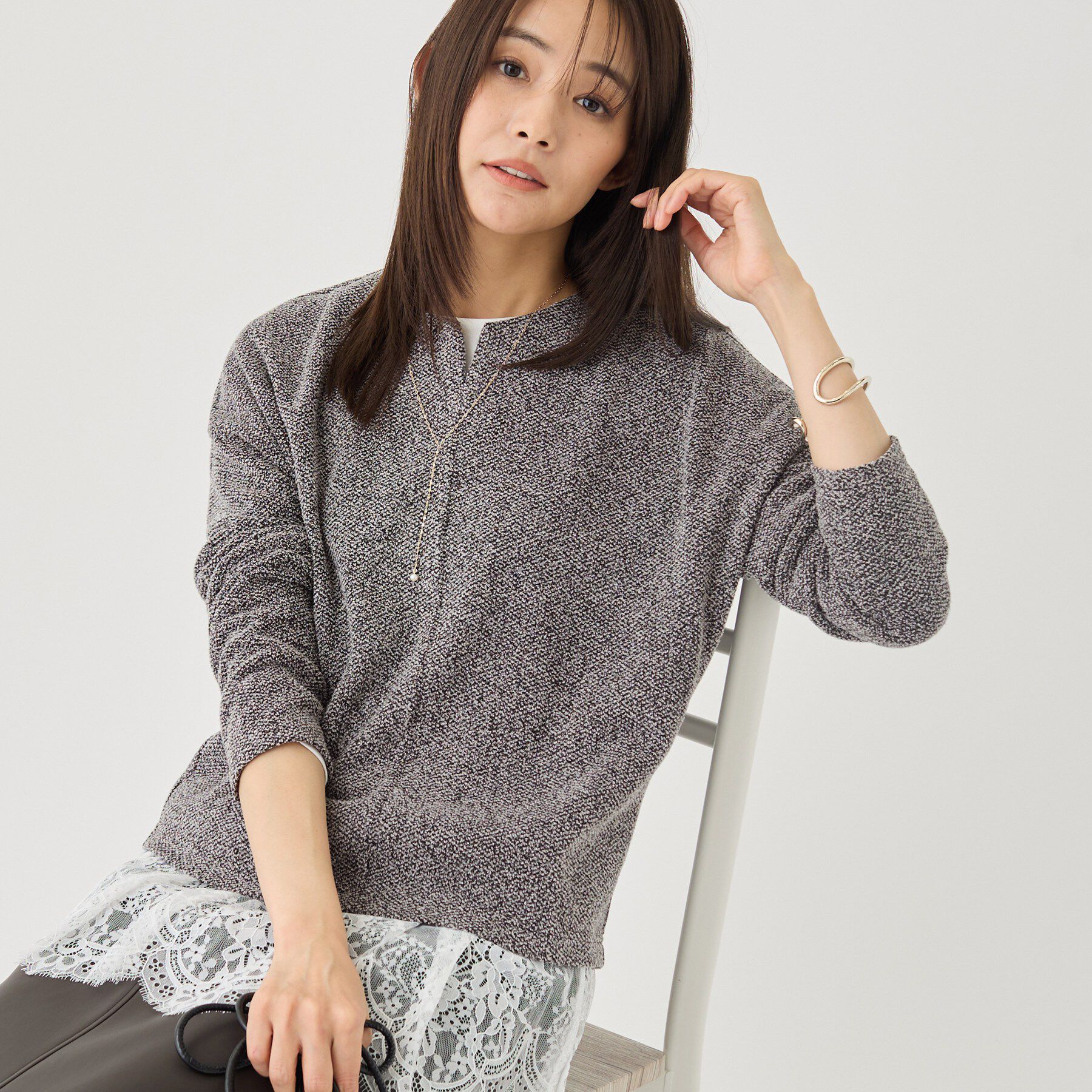 INDIVI「【風合い柔らか／SETUP可】ブークレ起毛ジャージトップス」|Tシャツ・カットソー|ブラック(419)