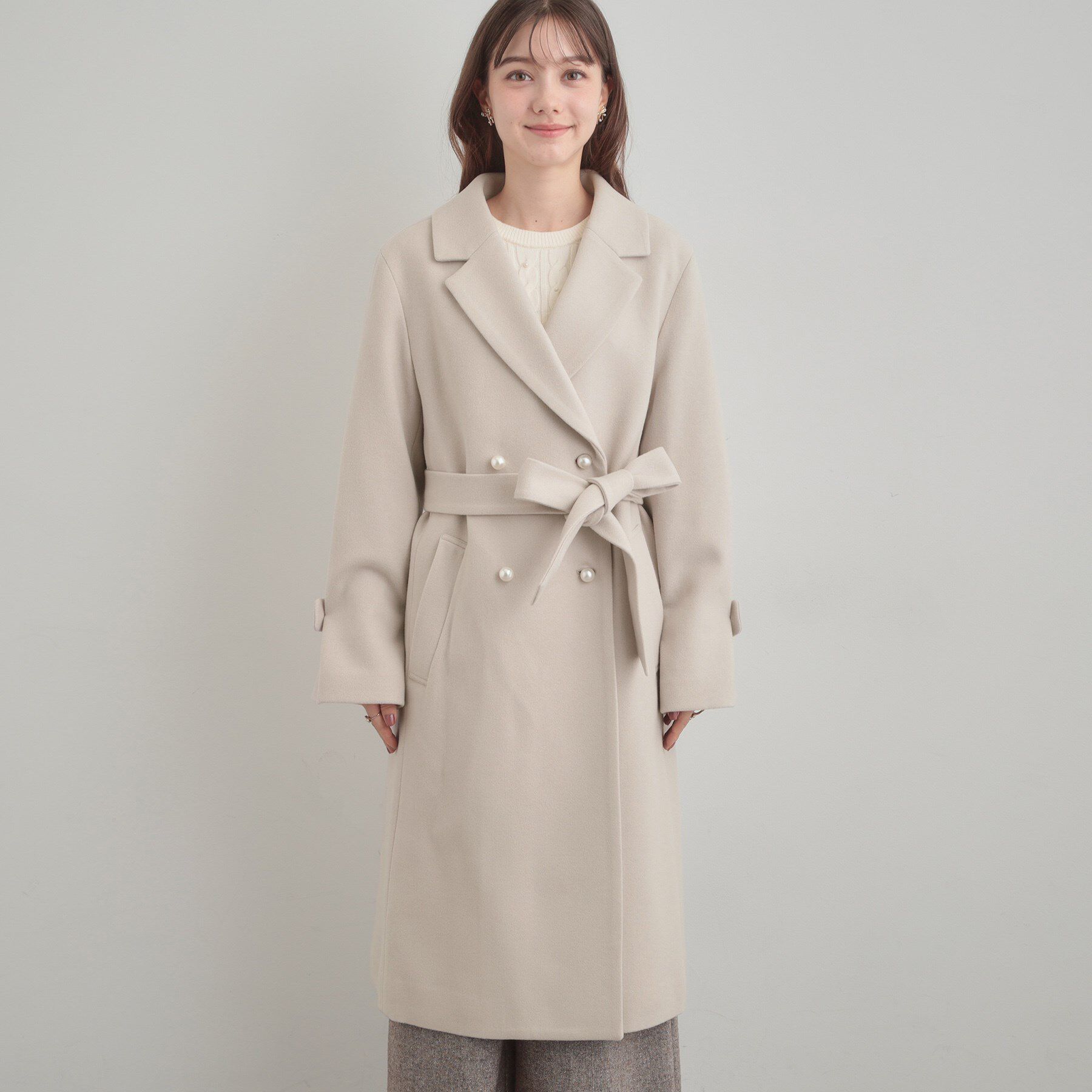 Couture broach「【大人上品・ベルト付き】パール調釦チェスターコート」|チェスターコート|