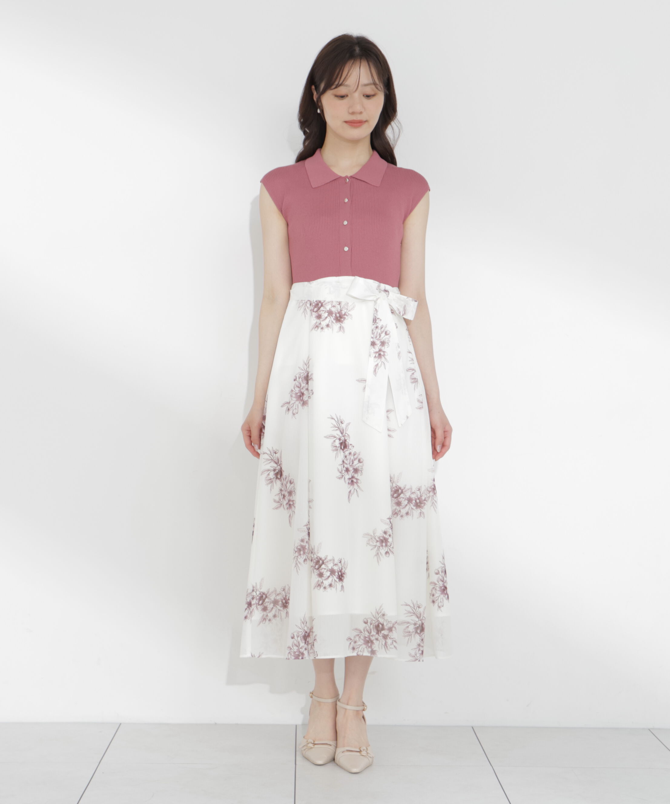 PROPORTION BODY DRESSING「衿付き柄ドッキングニットワンピース 26AW」|ワンピース|