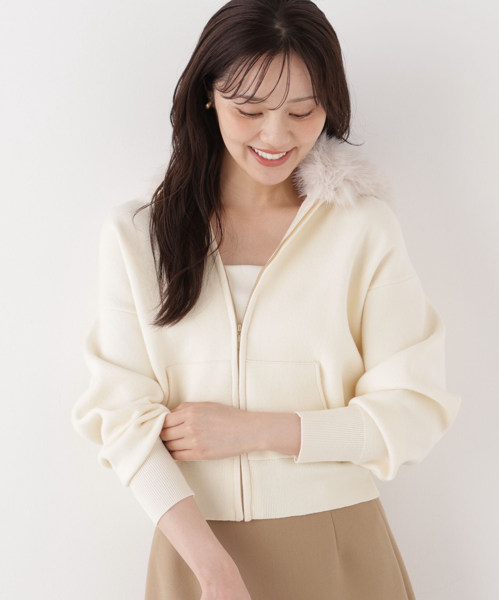 PROPORTION BODY DRESSING「フェイクファー付きニットパーカー 26AW」|ニット・セーター|