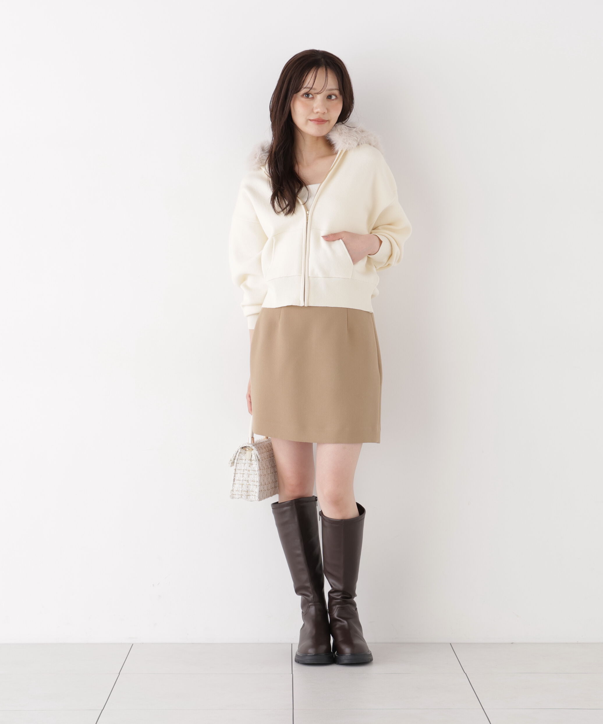 PROPORTION BODY DRESSING「フェイクファー付きニットパーカー 26AW」|ニット・セーター|