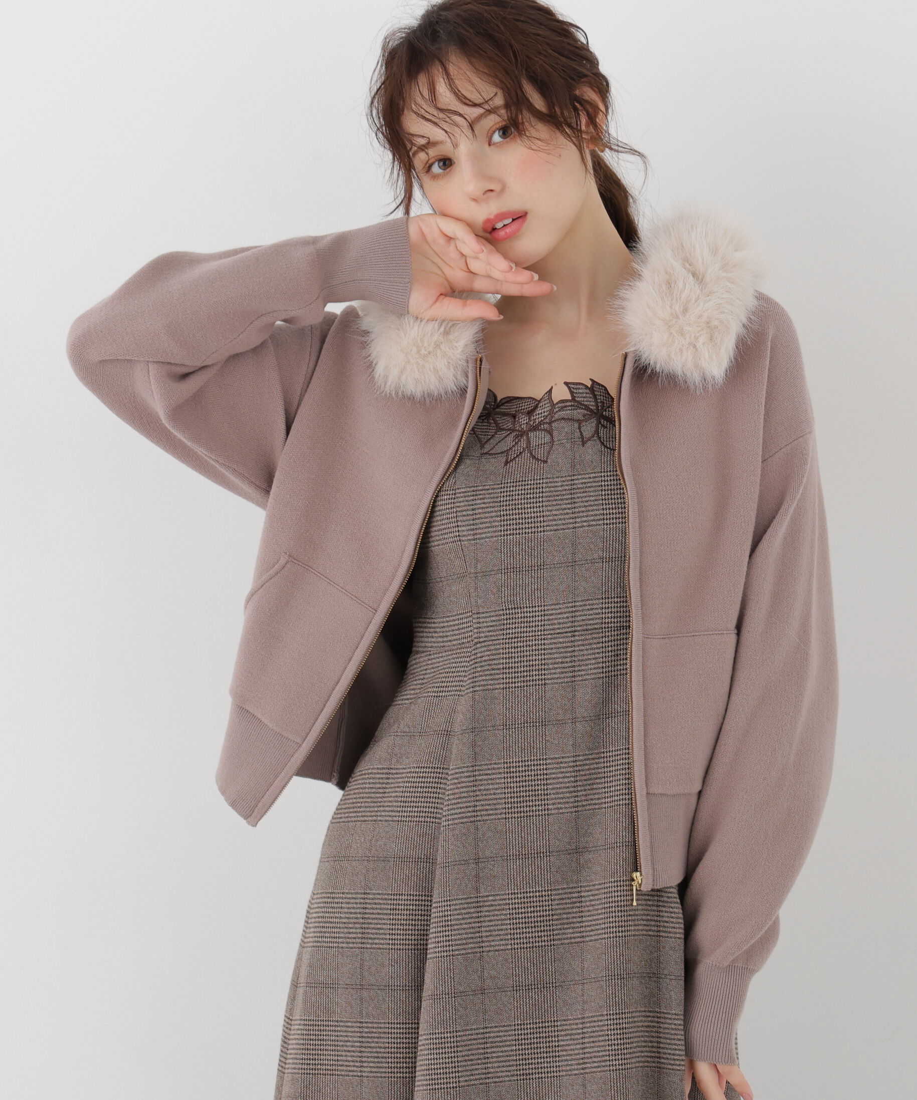 PROPORTION BODY DRESSING「フェイクファー付きニットパーカー 26AW」|ニット・セーター|