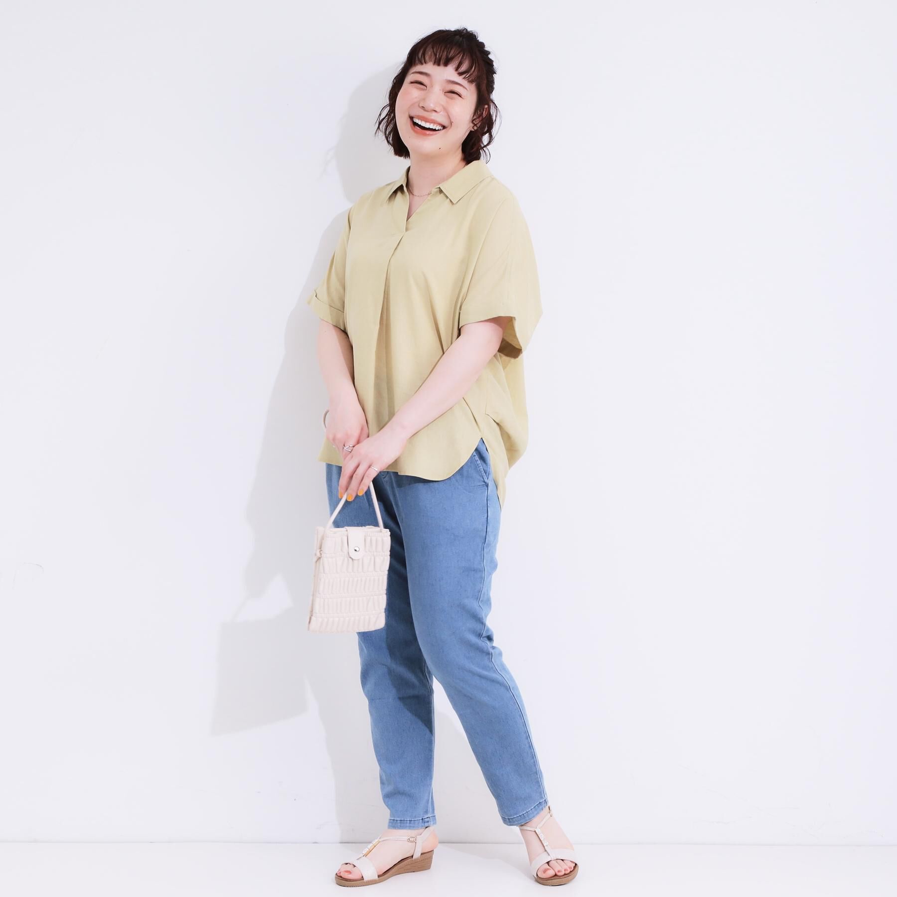 SHOO･LA･RUE「【S-LL/UV/接触冷感/抗菌防臭】体型を自然にカバー フレンチリネンブレンド襟付ドルマンシャツ」|シャツ・ブラウス|