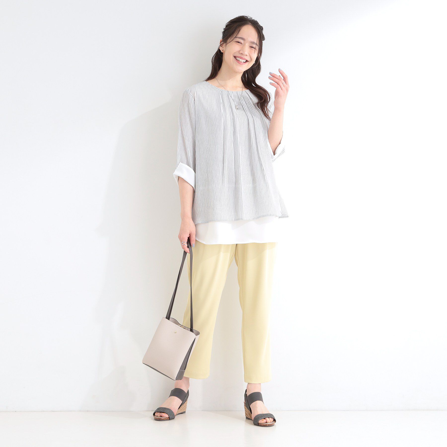 SHOO･LA･RUE「【洗濯機可/体型カバー】1枚でサマ見え 7分袖スラブレイヤード風トップス」|Tシャツ・カットソー|