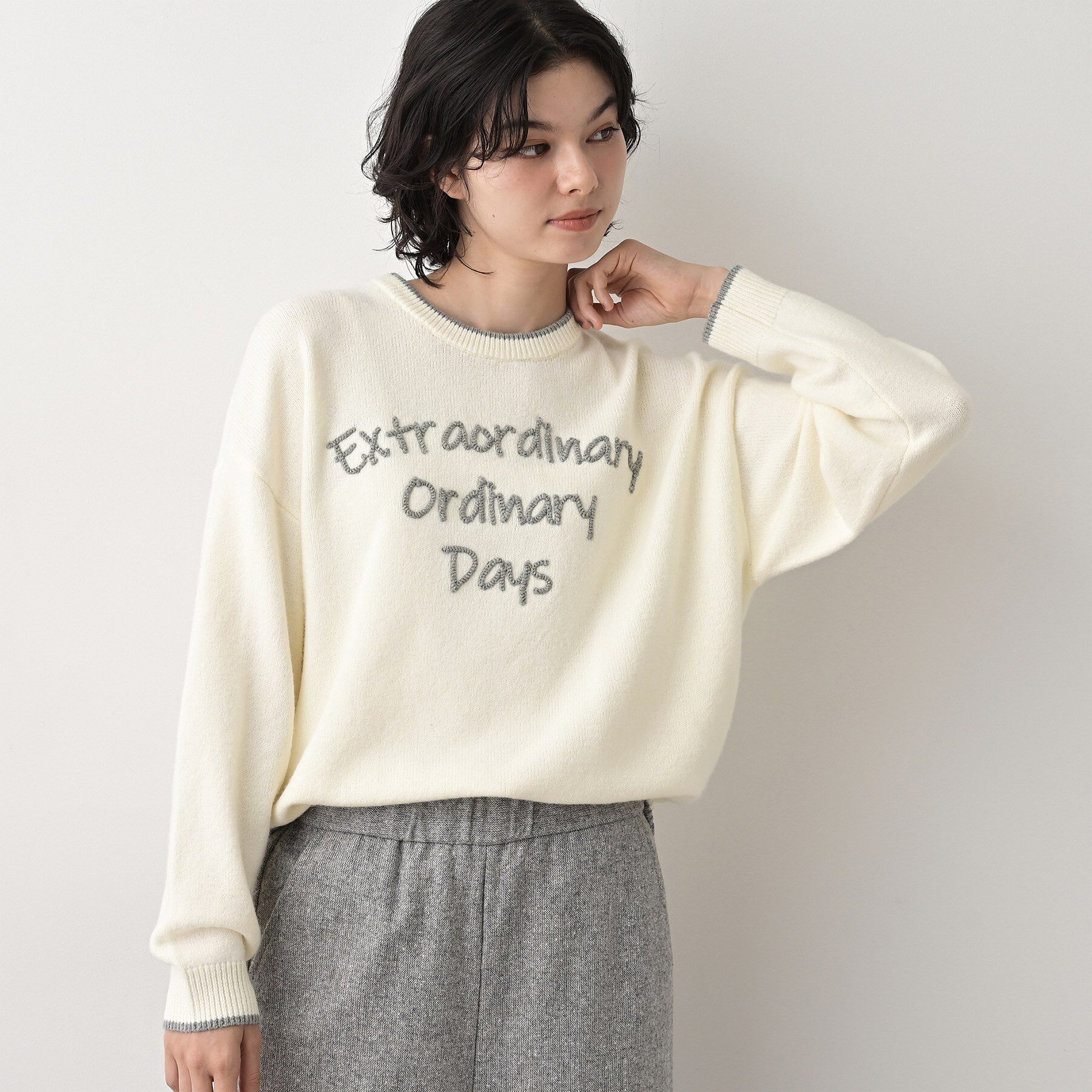 Dessin「【洗える】ペイント風刺繍入り配色ラインニット」|ニット・セーター|