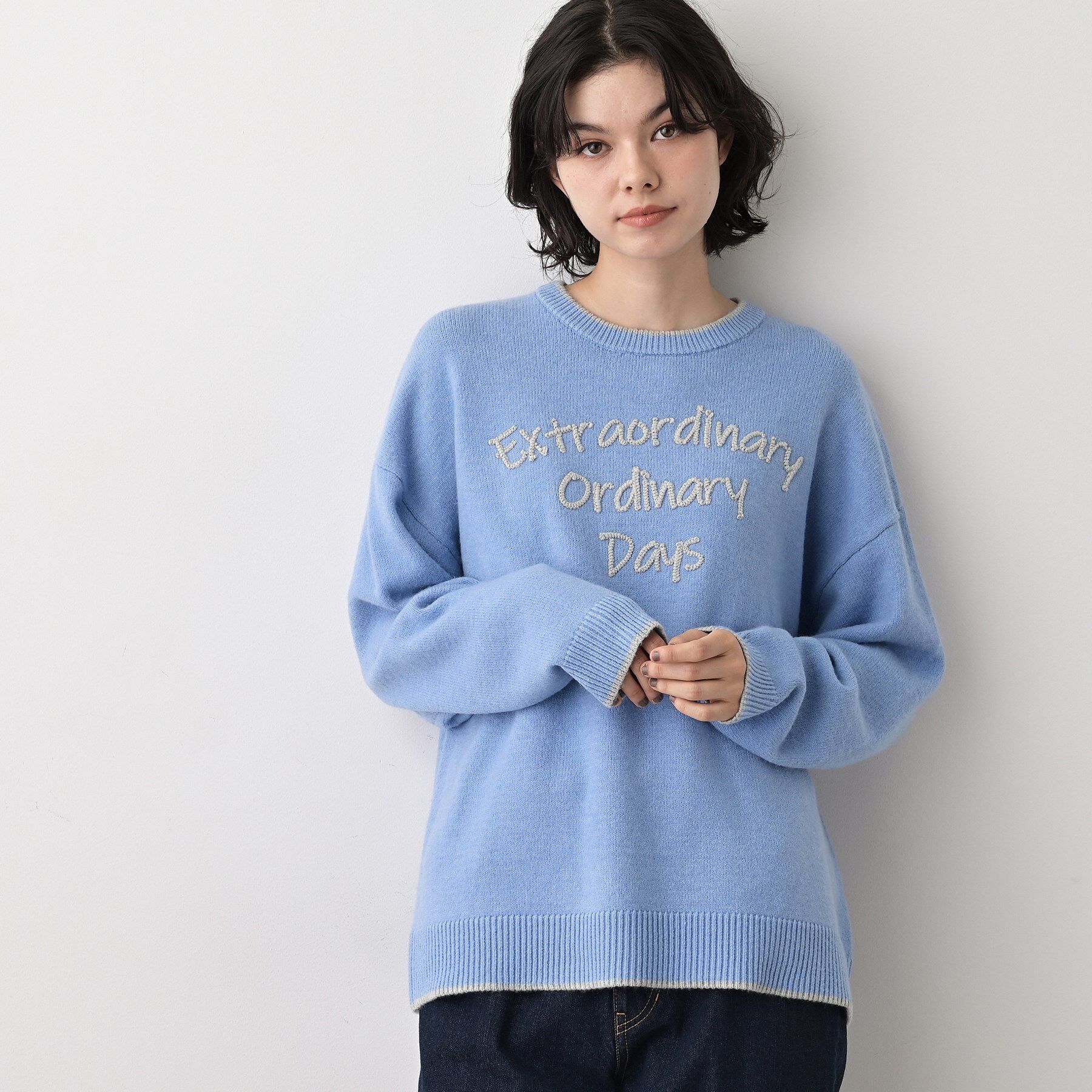 Dessin「【洗える】ペイント風刺繍入り配色ラインニット」|ニット・セーター|