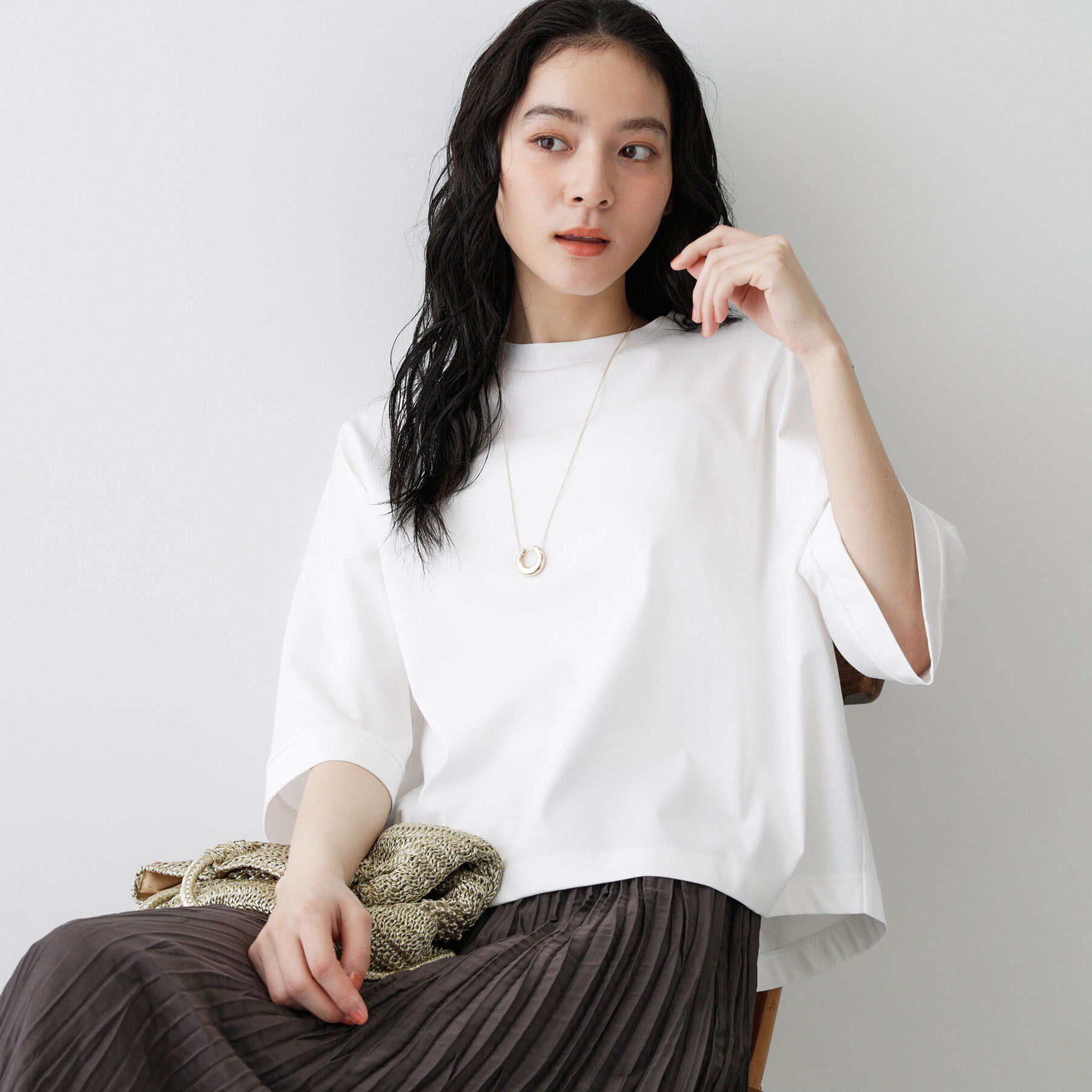 Dessin「【体型カバー】美光沢カットソーボクシーシルエット」|Tシャツ・カットソー|ホワイト(002)