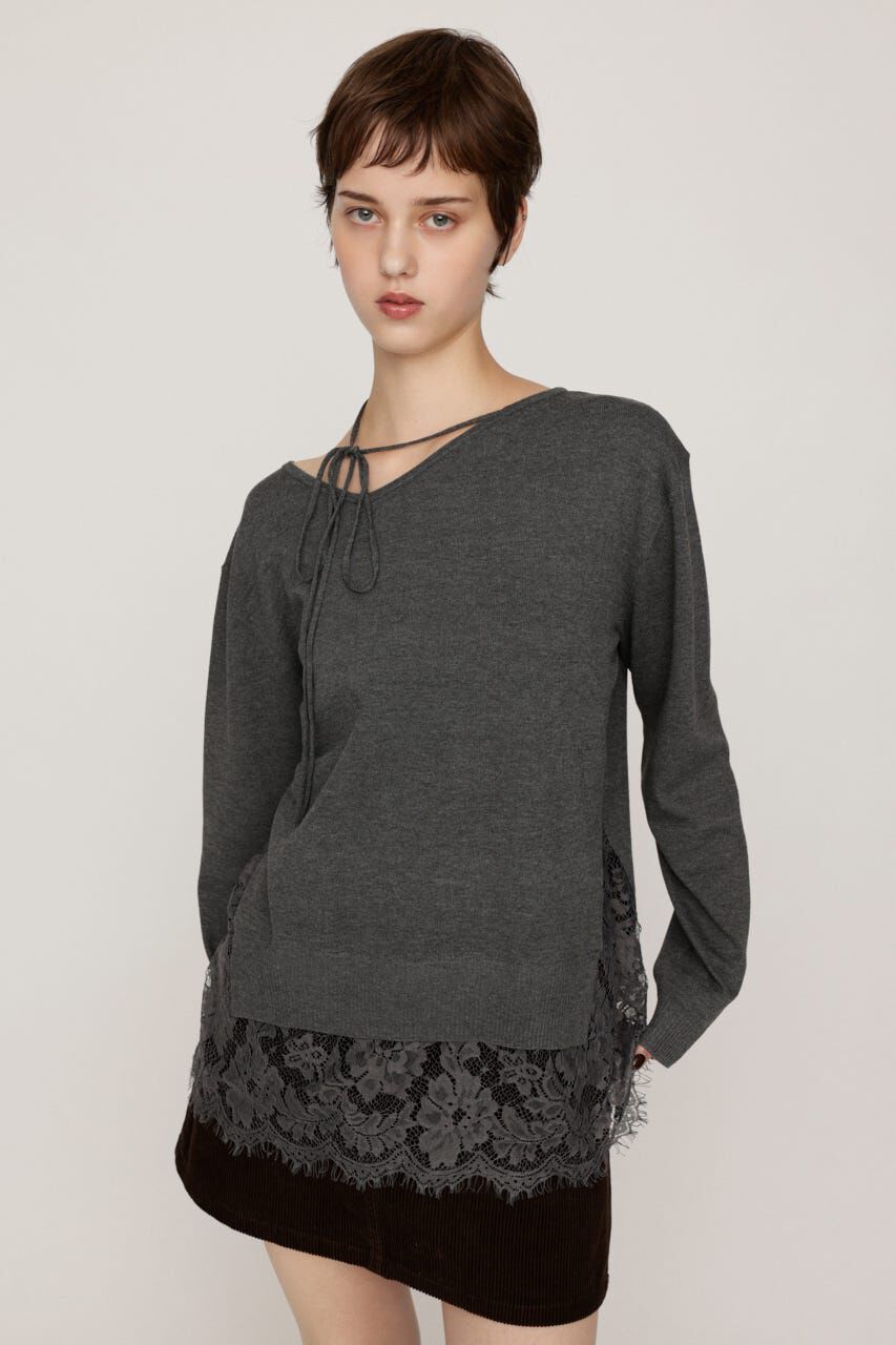 SLY「LACE TRIM V NECK KNIT トップス」|ニット・セーター|T.GRY