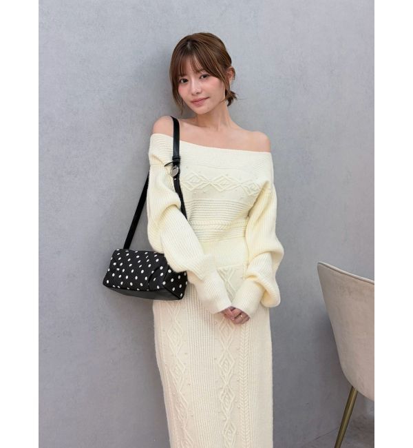 LAGUNAMOON「ケーブルビジューボートネックミドルニットワンピース」|ワンピース|